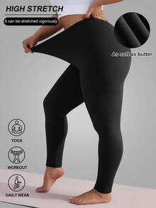 Leggings taille haute moulants pour femmes, doux et extensibles, galbant la taille et l'abdomen, convient pour le fitness, le yoga, la course, version noire printemps grande taille - Noir - Voir 2