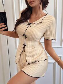 2pcs Women Bowknot V-Neck Long Sleeve Top And Flare Pants Ribbed Loungewear Set, Casual Sleepwear Suitable For Autumn/Winter - Apricot - View 2