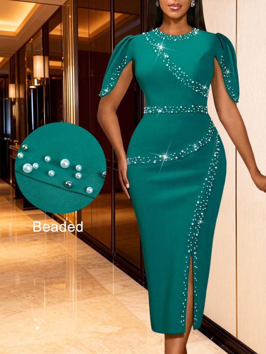 Elegant Green Bodycon Midi Dress With Beaded Cap Sleeves Side Slit Pencil Hem Cocktail Party Wedding Guests Formal Event - Mint Green - View 1