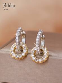 Hihho 1 Pair Luxury Sparkling Cubic Zirconia Inlaid Geometric Round And Square Elegant Earrings, Dual-Tone Interlocking Double Hoop Earrings, Charming Interlocking Earrings Suitable As Jewelry Gift For Women - Multicolor - View 3