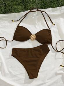 新款纯色软垫前金属装饰细肩带露背性感优雅派对比基尼套装，夏季沙滩时尚性感优雅女士比基尼度假 - 咖啡棕 - 查看 4