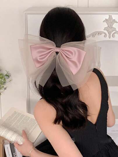 1pc Elegant Satin Oversized Mesh Bow Hair Clip, Springy Atmosphere Feeling Barrette Hairpin Headpiece