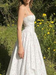 Vintage Sweetheart Floral Halter Dress Vacation Long Dress - trắng - Xem 4