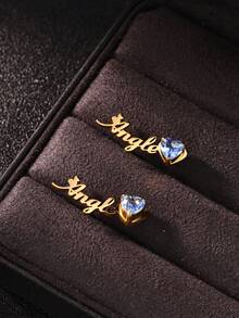 Custom Name Earrings Inlaid Heart-Shaped Birthstone 18K Gold Plated Personized Stainless Steel Stud Earrings Women's Minimalist Valentine's Day Customized Jewelry Gift Daily Wear - Multicolor - View 6