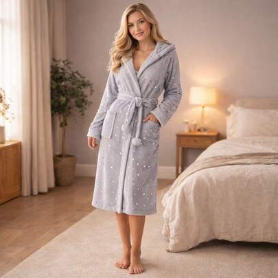 Cozy Hooded Bathrobe For Women, Star Print, Self-Tie Belt, Handy Pockets, Long Sleeve Lounge Wrap