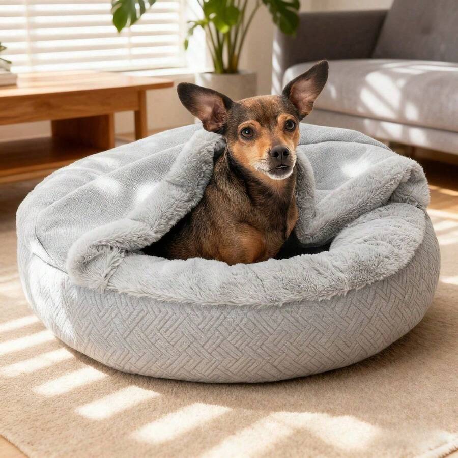 Plush & Performance Linen Hooded Donut Pet Bed For Dogs & Cats - Mist Gray, Extra Small - 20" - Xám sương mù - Xem 1