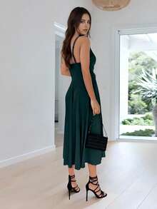 优雅性感V领无袖中长款派对连衣裙 - 墨綠色 - 查看 4