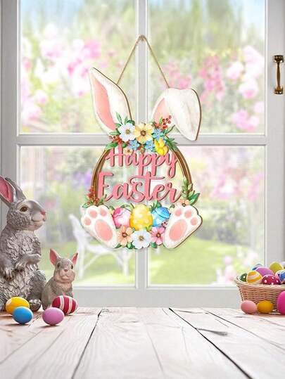 1pc Easter Bunny Door Sign, Happy Easter Acrylic Decorative Hanging Ornament, Easter Egg Hanging Sign, Bunny Pattern Wall Hanging, Floral Spring Decoration, Suitable For Front Door, Porch, Yard, Wall And Home Decor, Pink Easter Bunny Egg Hanging Ornament, Rustic Style, Pre-Printed "Happy Easter" Message, Can Be Installed On The Door. Easter Gift. Festive Living Room Decorative Hanging Ornament.