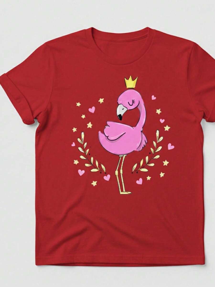 Stylish Women's T-Shirt With Flamingo And Crown Print - New Release - 100% Cotton T-Shirt - Loose, Oversized, Plus Size - GM MODAS - 紅色 - 查看 1