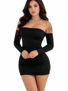 Women's Strapless, Fitted, Off-The-Shoulder Bodycon Dress With Long Sleeves - Autumn/Winter - 黑色 - 查看 1