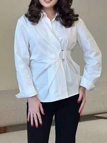 女士优雅衬衫，独特收腰钩扣设计，长袖办公衬衫，百搭日常上衣，春季白色 - 白色 - 查看 8