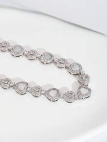 1 Set Luxury Elegant Cubic Zirconia Inlaid Heart Design Bracelet, Suitable For Women's Wedding & Party Wear, Excluding Gift Box - Silver - View 3