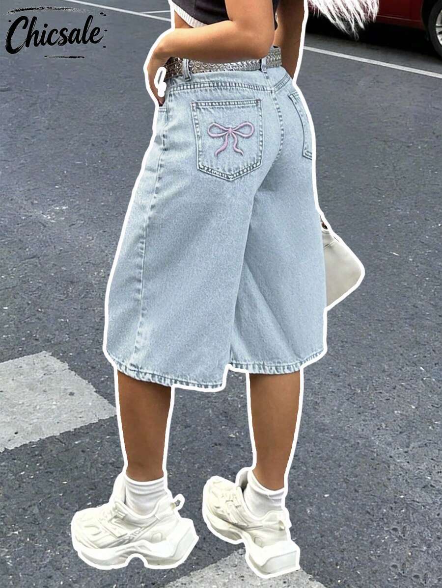 Pantalones cortos vaqueros tipo bermuda de talle alto sin cinturón - Lavado ligero - Ver 1