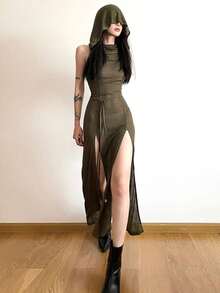 Top Dazzle 女士露背透视连帽无袖针织长款 A 字连衣裙，高开衩设计，适合派对穿着 - 軍綠色 - 查看 2