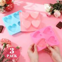 3 Pcs Heart Shaped Silicone Molds Nonstick Heart Chocolate Muffin Molds For Galentine Valentine's Day Candy, Brownies, Tartlets, Soaps, Pudding, Dessert BaFKing(Small,4 Holes,Pink,Blue) - 粉紅色小號 - 查看 5