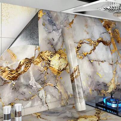 1片金色大理石纹防水壁纸 | 自粘乙烯基材质，适用于厨房墙面、台面、客厅和卧室装饰，落地花卉图案，可移除