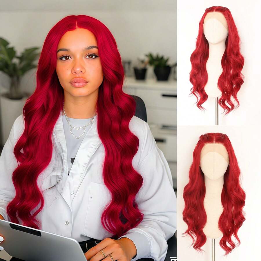 Red Body Wave 13X4 Synthetic Lace Front Wig - Heat Resistant Fiber, Beginner Friendly, For Daily Wear - Red - View 1