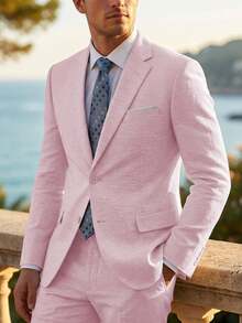 2pcs Men's 2 Piece Linen Suits For Men Slim Fit Casual Beach Wedding Summer Grooms Groomsmen Linen Blazer Pants Suit - 粉色 - 查看 8
