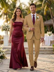 2pcs Men's 2 Piece Brown Linen Suits For Men Slim Fit Casual Beach Wedding Summer Grooms Groomsmen Linen Blazer Pants Suit - 棕色 - 查看 3
