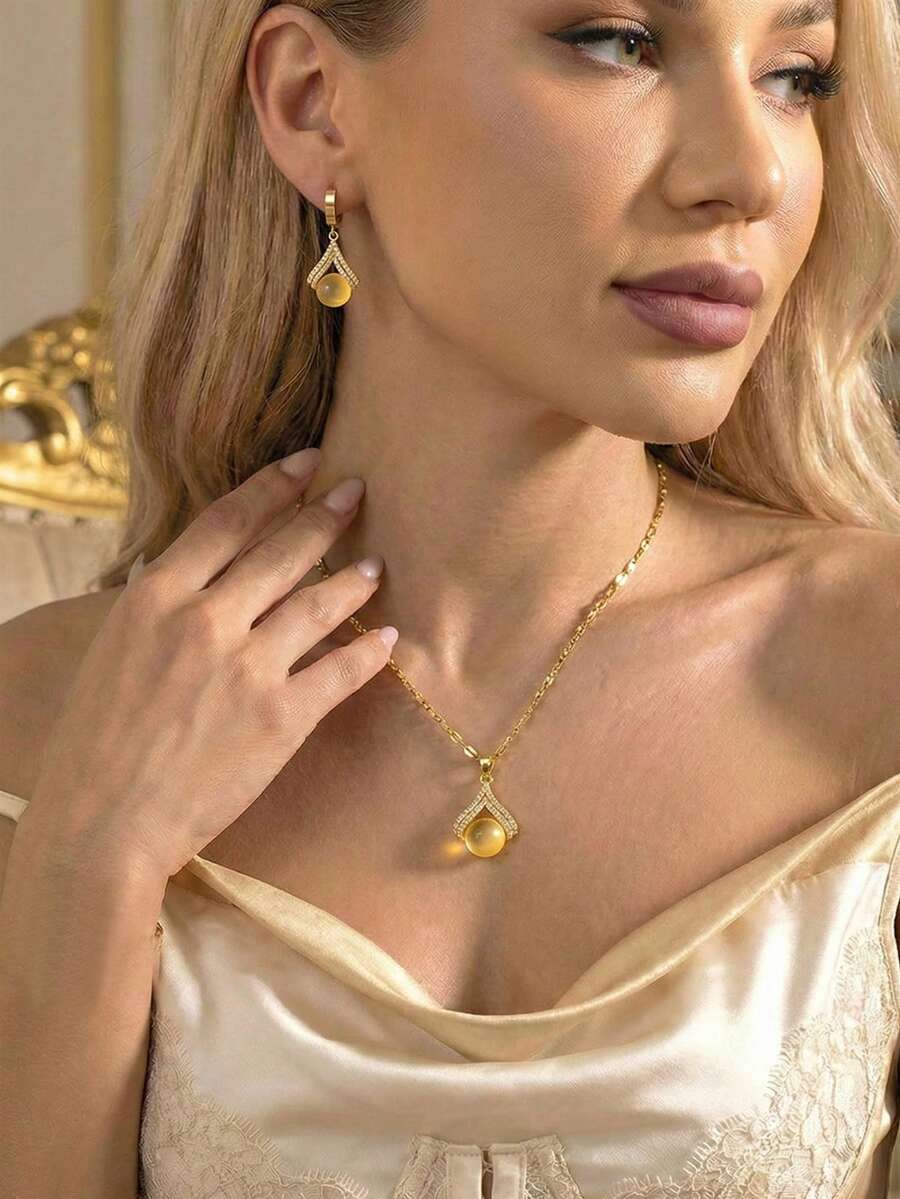 一套不锈钢几何猫眼首饰套装，女士款，奢华复古宫廷优雅风格，经典时尚休闲，适合斋月、节日、日常佩戴、派对、送礼（OPP袋包装盒仅用于拍摄） - 金色 - 查看 1