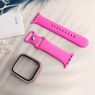 1 pieza set de correa deportiva de silicona + caja de diamantes de una sola hilera, compatible con relojes de 40/41/42/44/45/46 mm | Silicona suave con brillantes de imitación, funda protectora de pantalla integrada, compatible con relojes de 40/41/42/44/45/46 mm (series 10/11), unisex. Compatible con todos los modelos de relojes de las series 11/10/9/8/7/6/5/4/SE.