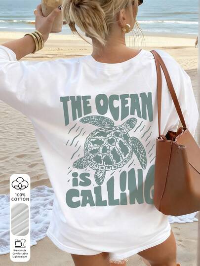 Women's Loose Fit Top, Made Of Special 100% Heavy Cotton Fabric, Featuring Vintage Sea Turtle And "The Sea Is Calling" Print, Breathable And Comfortable, Slimming Fit, American Casual Vacation Style Short Sleeve T-Shirt, Ideal For Beach Getaways, Pool Parties, And Summer Travels