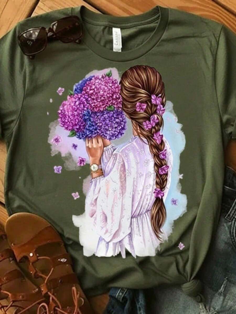 Stylish Women's Floral Hair Print T-Shirt - New Release - 100% Cotton T-Shirt - Loose Oversized Plus Size T-Shirt - Estampae - 軍綠色 - 查看 1
