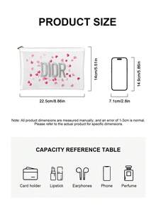 Christian Dior Cute & Elegant Girl's Cosmetic Bag, High-Quality Transparent Makeup Pouch With Embroidery, Pink Lovely Heart-Shaped Embroidery Design - Baby Pink - View 2