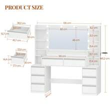HEXCELEN 135 Cm Dressing Table With Mirror, Vanity Desk With 10 LED Lights, Adjustable 3-Colour LED Lights, Makeup Desk With Plug, Hairdryer Holder, 8 Drawers, Open Storage Spaces, Modern White-Silver - White - View 8