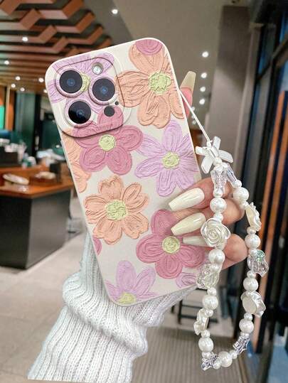 1pc Perforated Edged Colorful Painted Thick Anti-Drop Painted Phone Case Shell Protective Cover With Beaded Bracelet Accessory, Compatible With IPhone/ Galaxy/