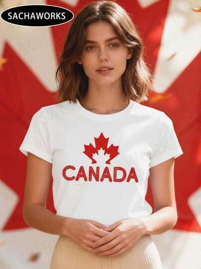 SachaWorks Canada Shirts For Women Maple Leaf Short Sleeve Tee Canada Day Flag T-Shirt Womens Canada Shirt Canada Day Flag Tshirt Maple Leaf Tee Tops Canada Day Shirt Women Canada Maple Leaf T-Shirt 1st July Patriotic Tee Tops