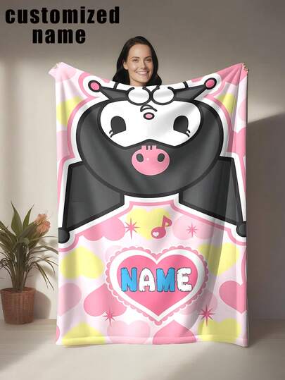 Sanrio 1 pieza Manta de franela con tema de Kuromi, personalizable con nombre - Adecuada para todas las estaciones, suave, ligera, cálida, apta para sofá, cama, exterior - Regalo de cumpleaños y festividades perfecto para familia y amigos