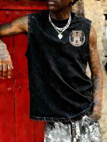 Disney UNIHLO  Mickey  Classic Printed Vest, 230g Pure Cotton, High-Quality Wax Printed Cotton Retro Fashion Brand T-Shirt, Men's Vest, Beach, Summer Hot Item, Holiday Gift, Perfect Gift. - 黑色 - 查看 2