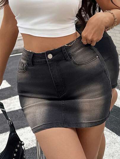  Falda mini de mezclilla lavada negra y gris de verano para mujer EARO, falda-pantalón ajustada de cintura alta anti-destellos