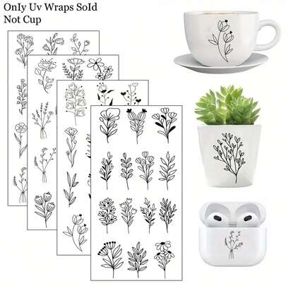 4Sheets Line Art Flower Transparent Transfer Stickers, Black Floral Plant Botanical Wipe-Off Decals For DIY Furniture Glass Ceramic Crafts, 24cm*11cm, Ceramic Stickers, DIY Crafts, Floral Pattern Design, Glossy Finish, Decorative Transfer, Wipeoff Stickers, For Art & Crafts Stickers Supplies, Home Decorators, Creative Artists