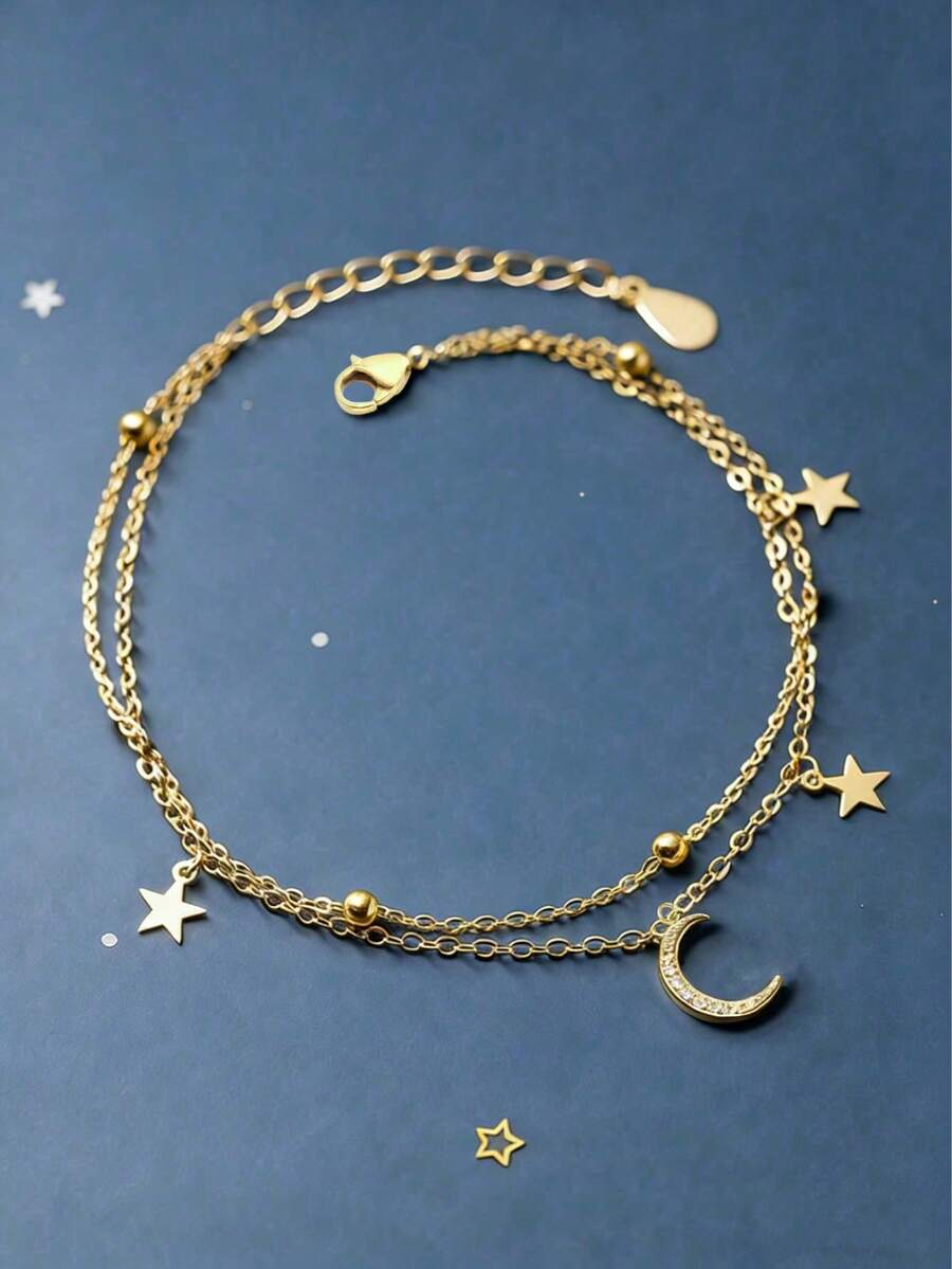 Vòng tay vàng sang trọng hai lớp hình ngôi sao và mặt trăng có thể điều chỉnh kích thước dành cho nữ
