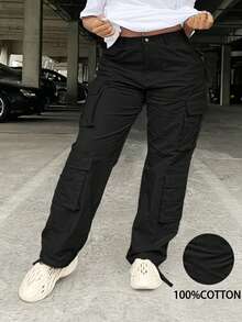 Plus Size Women Solid Color Straight Leg Loose Casual Multi-Pocket Cargo Pants Black Spring - Black - View 2