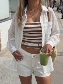 1件女士夏季轻薄透明白色条纹长袖休闲度假风衬衫 - 白色 - 查看 1