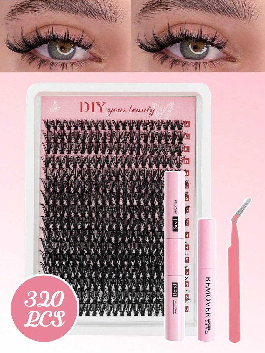 Lash Extension Kit 40D Lash 320pcs Clusters Kit Lash Bond And Seal Waterproof Individual Lashes Kit DIY Lash Extension Kit Lash Tweezers Eyelash Extension Kit (Set 9-16MixLash Clusters Kit,Lashes,Eyelashes,Fake Lashes - Multicolor - View 1