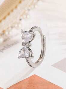 1pc Pink Rhinestone Bowknot Ring, Unique Design Pink Heart Fashion Adjustable Midi Ring For Women - White - 查看 1