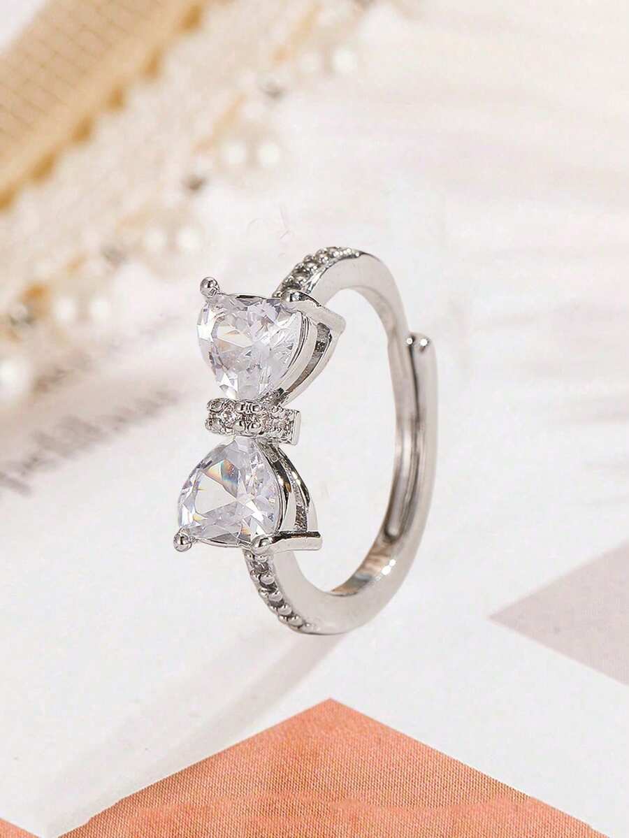 1pc Pink Rhinestone Bowknot Ring, Unique Design Pink Heart Fashion Adjustable Midi Ring For Women - White - 查看 1