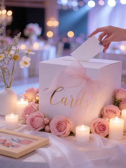 12pcs Elegant White Wedding Card Boxes With Gold Foil "Card" Text And Pink Ribbon, Fashionable Wedding, Anniversary, Party Decoration Card Holder