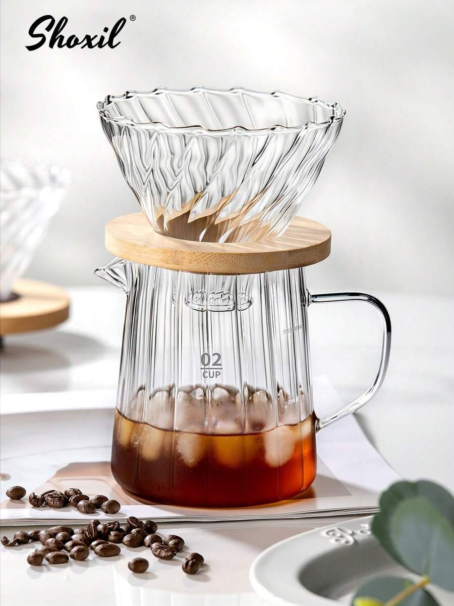shoxil 1 Set With Water Cup, Coffee Pot, Coffee Filter Cup, Oblique Filter Cup, Manual Drip Coffee Pot, Coffee Tools, Coffee Drip Filter, Glass Water Bottle, Glass Drip Coffee, With Wooden Base Stand, Striped Coffee Pot, Suitable For Coffee Corner, Coffee Shop, Coffee Lovers - Pot - View 1