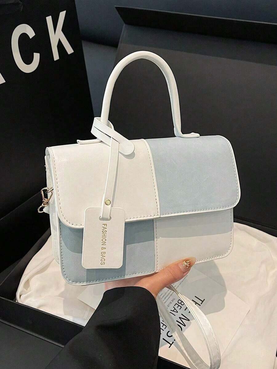 New Stylish Simple Plaid Patchwork Handbag Women Shoulder Messenger Crossbody Bag For Daily Work Casual Commute, Holiday Gift , Old Money - 藍色 - 查看 1