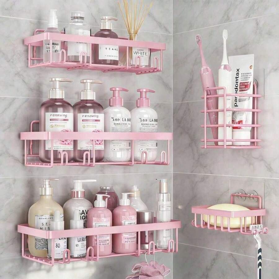 Space-Saving Bathroom Storage Rack - Easy To Install, No Drilling Required - Durable Hanging Organiser For Shampoo And Cosmetics - Bathroom Storage Rack And Shelves - Pink - View 1