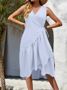 Women's V-Neck Ruffle Hem Mid-Length Dress - Asymmetric Sleeveless Casual Vacation Dress, Beach & Street Style Summer Elegant - Light Grey - View 6