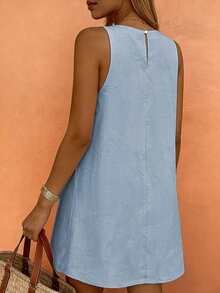 Đầm không tay cổ tròn màu kaki thanh lịch, đa năng, tối giản, thời trang dành cho nữ hiệu Starfish, thích hợp mặc đi làm vào mùa xuân và hè. - Màu xanh lam - Xem 4