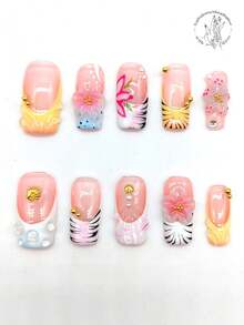 10 Pieces Of Pure Handmade Pressed Wearing Nail, 25mm Length Square Nail, Flesh Pink Transparent Nail, Yellow Nail, White And Blue Gradient, Black Lines, Golden Shell Ornaments, Three-Dimensional Raised Flowers. Cute Nail Piece, Spring Nail Piece. It Is Suitable For Daily Leisure Vacations, Banquets, Parties, Shows And Other Activities. - Multicolor - View 2