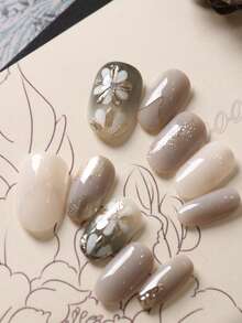 10pcs Press On Nails Gray White Gradient Golden White Little Flower Nail Supplies Nails Press On Artificial Nails Kit Includes 1sheet Adhesive Tabs &1 Pc Mini File - Multicolor - View 3