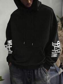 Camvyn 男士休闲印花宽松连帽卫衣，街头时尚，秋冬款 - 黑色 - 查看 2